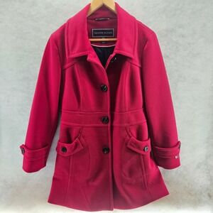 Tommy Hilfiger Women Red Textured Coat Jacket Small Petite Button‎ Front Pockets